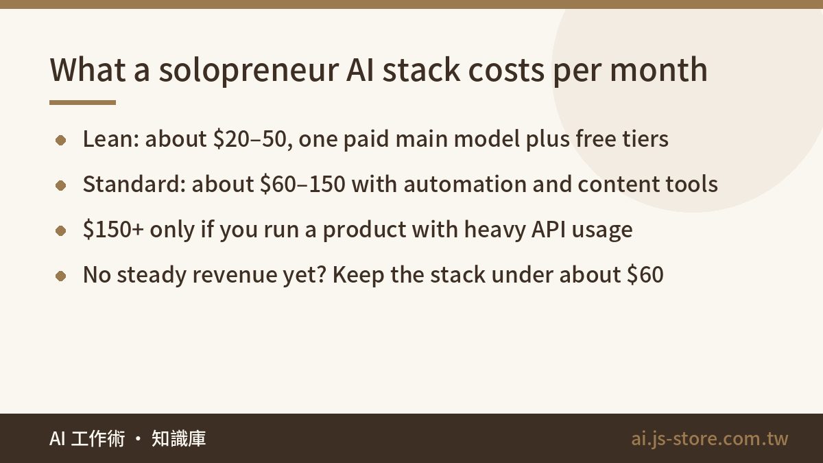 What a solopreneur AI stack costs per month:Lean: about $20–50, one paid main model plus free tiers、Standard: about $60–
