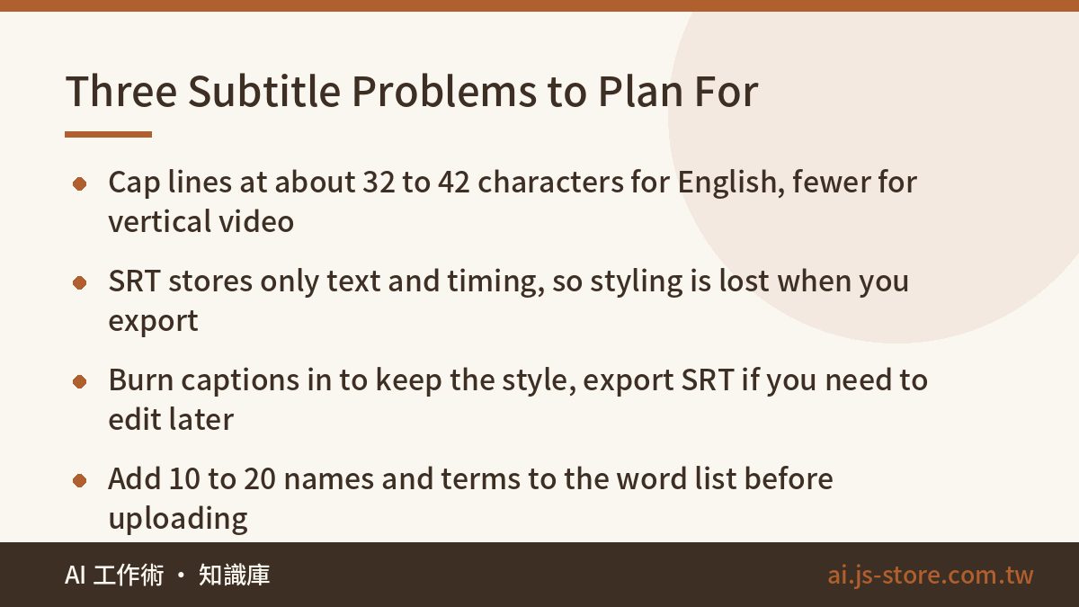 Three Subtitle Problems to Plan For:Cap lines at about 32 to 42 characters for English, fewer for vertical video、SRT sto