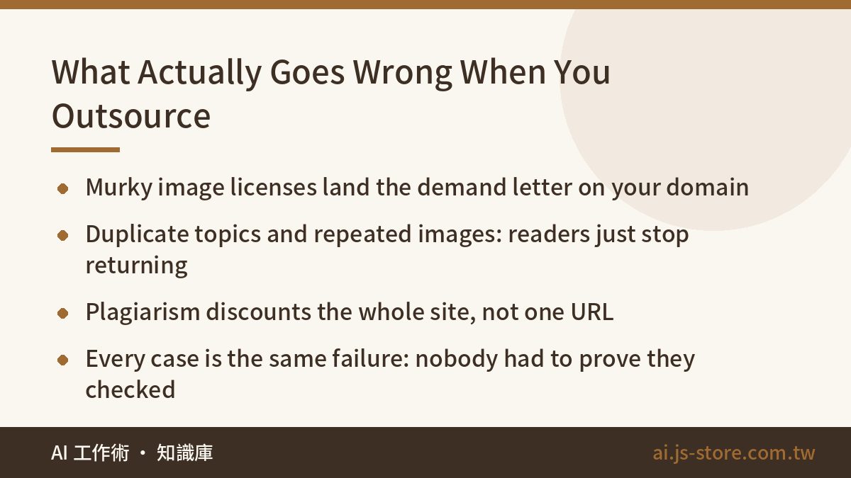 What Actually Goes Wrong When You Outsource:Murky image licenses land the demand letter on your domain、Duplicate topics 