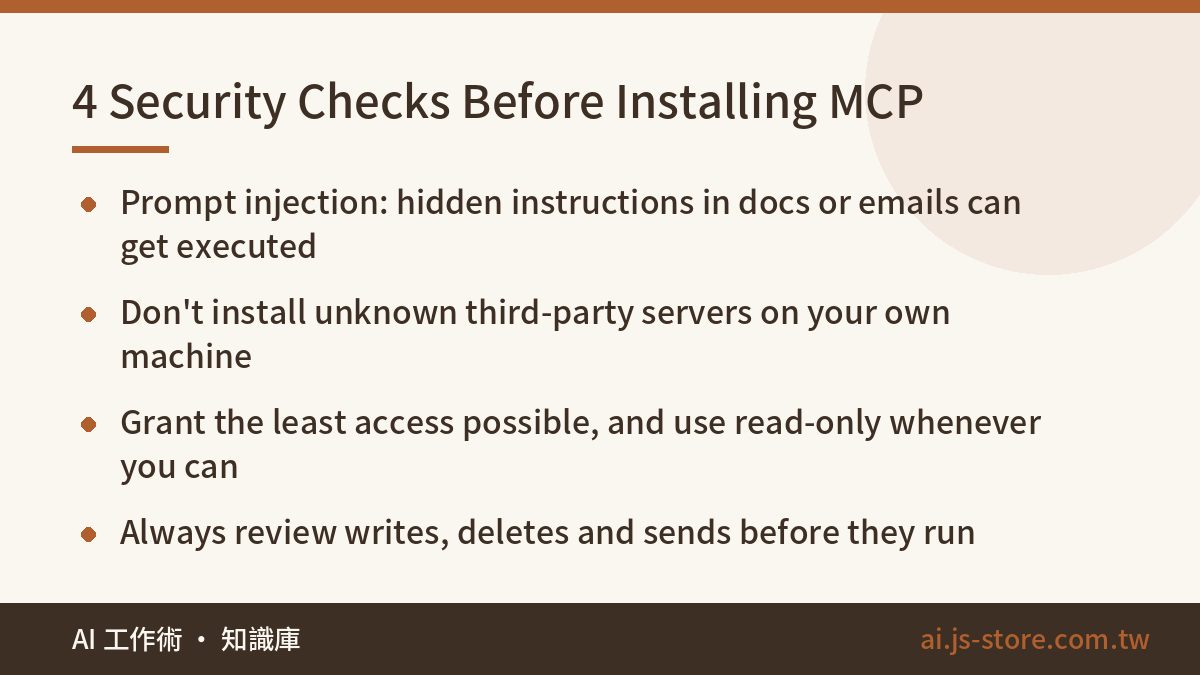 4 Security Checks Before Installing MCP:Prompt injection: hidden instructions in docs or emails can get executed、Don't i