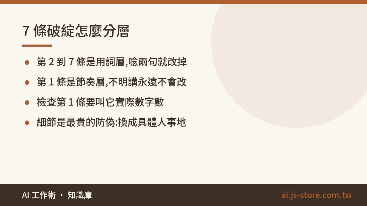 7 條破綻怎麼分層:第 2 到 7 條是用詞層,唸兩句就改掉、第 1 條是節奏層,不明講永遠不會改、檢查第 1 條要叫它實際數字數、細節是最貴的防偽:換成具體人事地