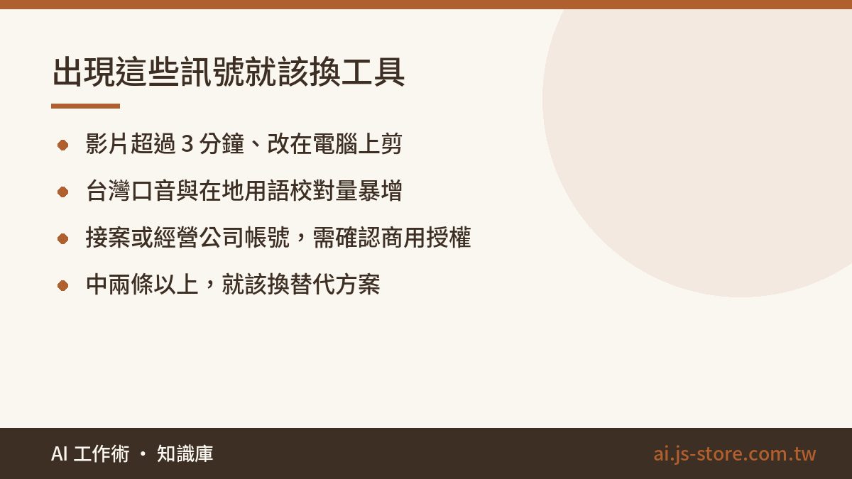 出現這些訊號就該換工具:影片超過 3 分鐘、改在電腦上剪、台灣口音與在地用語校對量暴增、接案或經營公司帳號，需確認商用授權、中兩條以上，就該換替代方案