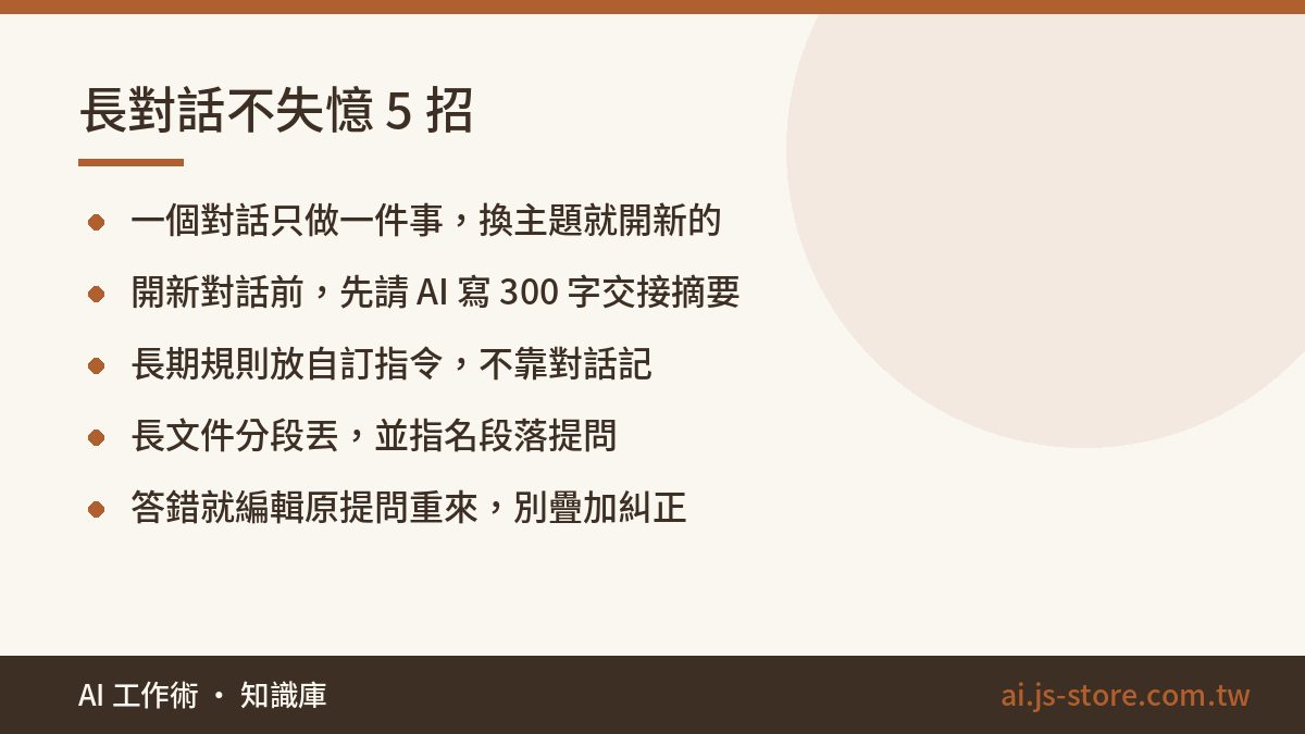 長對話不失憶 5 招:一個對話只做一件事，換主題就開新的、開新對話前，先請 AI 寫 300 字交接摘要、長期規則放自訂指令，不靠對話記、長文件分段丟，並指名段落提問、答錯就編輯原提問重來，別疊加糾正
