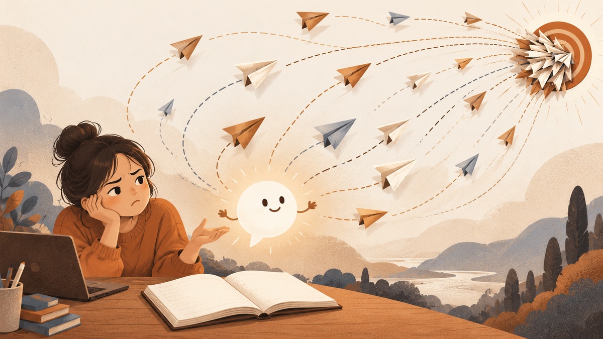 AI 選題重複示意插畫：AI 產生的題目像紙飛機一樣全擠進同一個靶心，呈現選題收斂與內容同質化