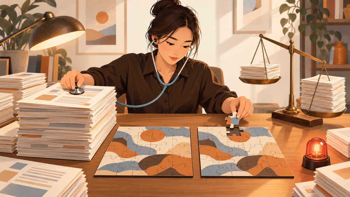 內容同質化自檢插畫：編輯用拼圖可替換測試與天平檢查機制集中度，找出重複的文章內容