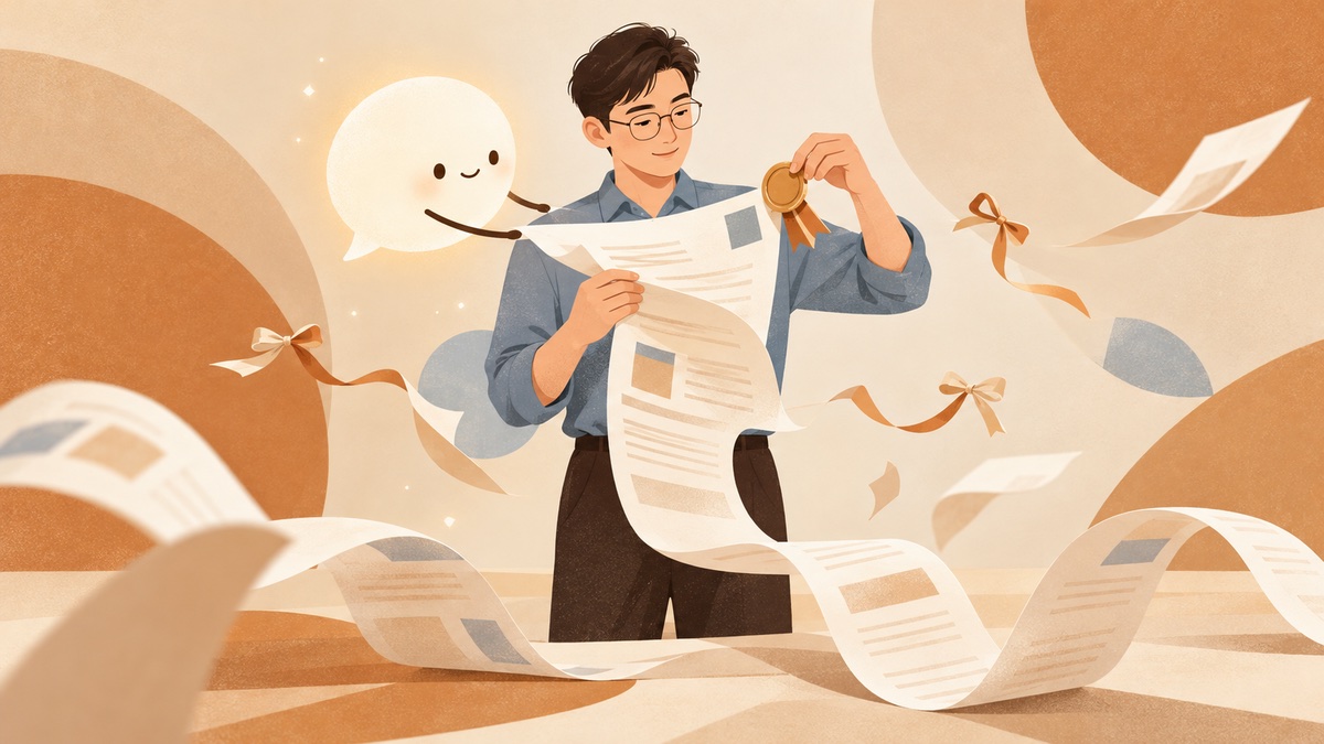 AI 寫商務 email 常見問題比喻插畫:男子把 AI 寫得太長的信摺短,摘掉信裡自己亂加的承諾