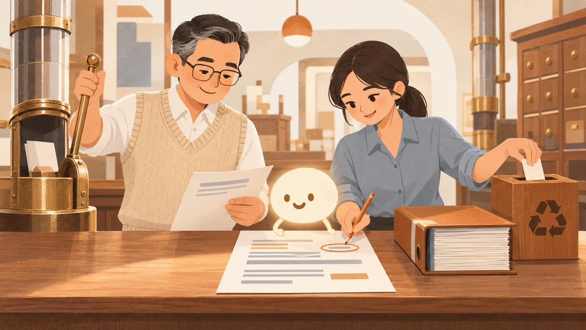 AI 人工升級路徑插畫:AI 擬稿、人工審核後送出,錯誤案例回補知識庫,形成幻覺防護回饋循環