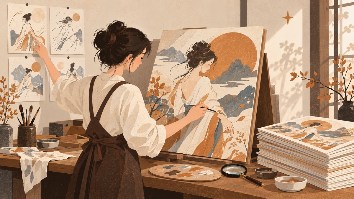 AI 繪圖教學五步工作流插畫：從四張草稿挑選構圖、鎖定風格，到局部重繪與放大出成品