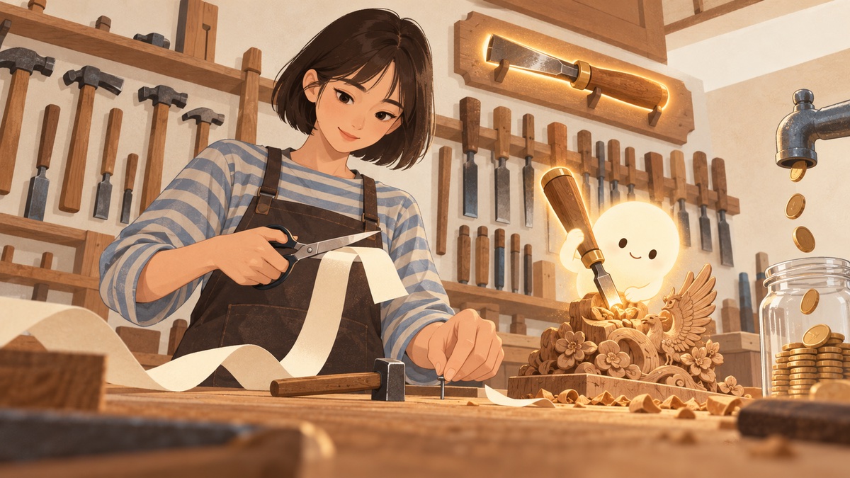 AI 模型用量成本插畫：女子在工作坊依任務難度挑選工具，控制每月模型費用