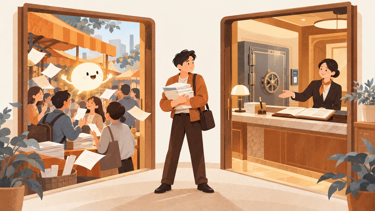 企業 AI 資安：免費版與企業版 AI 工具的資料保護差異，像開放市集與上鎖保險櫃的比較插畫