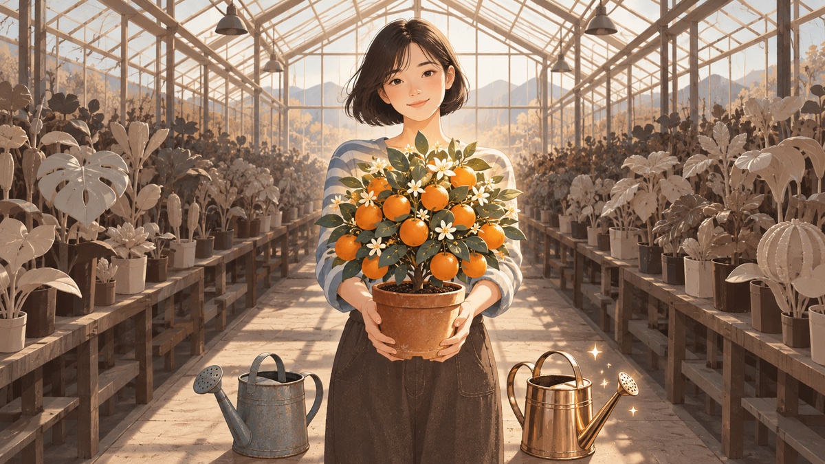 插畫：溫室裡的女子捧出結實的植株，象徵 Google 不在乎內容是 AI 還是人工寫的，只看內容有沒有存在的理由