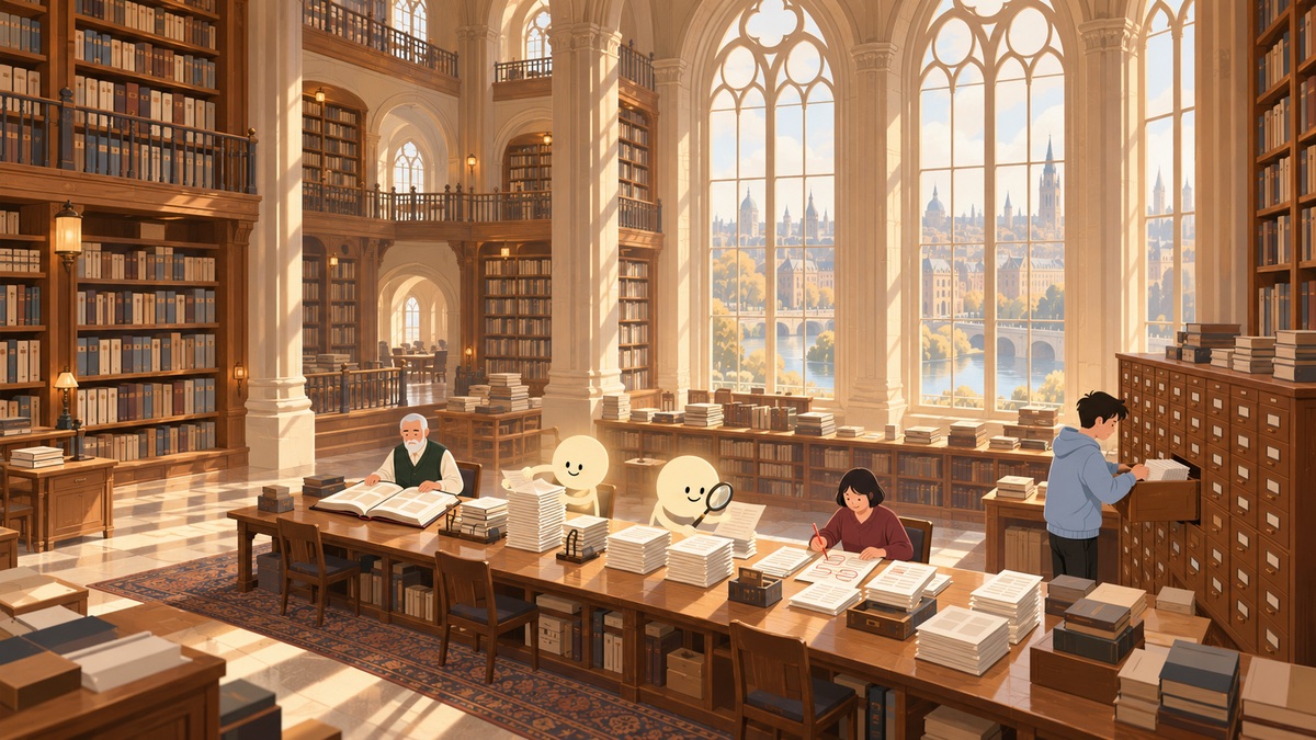 AI 翻譯混合流程比喻插畫：團隊在圖書館長桌上依序完成術語表、機器初翻、機器自審、人工審校與回填
