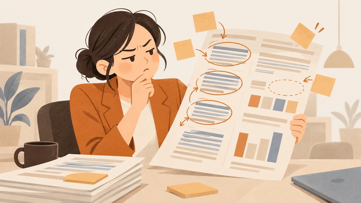 主管檢查 AI 寫的報告時標出空泛結論與可疑數字等破綻的插畫