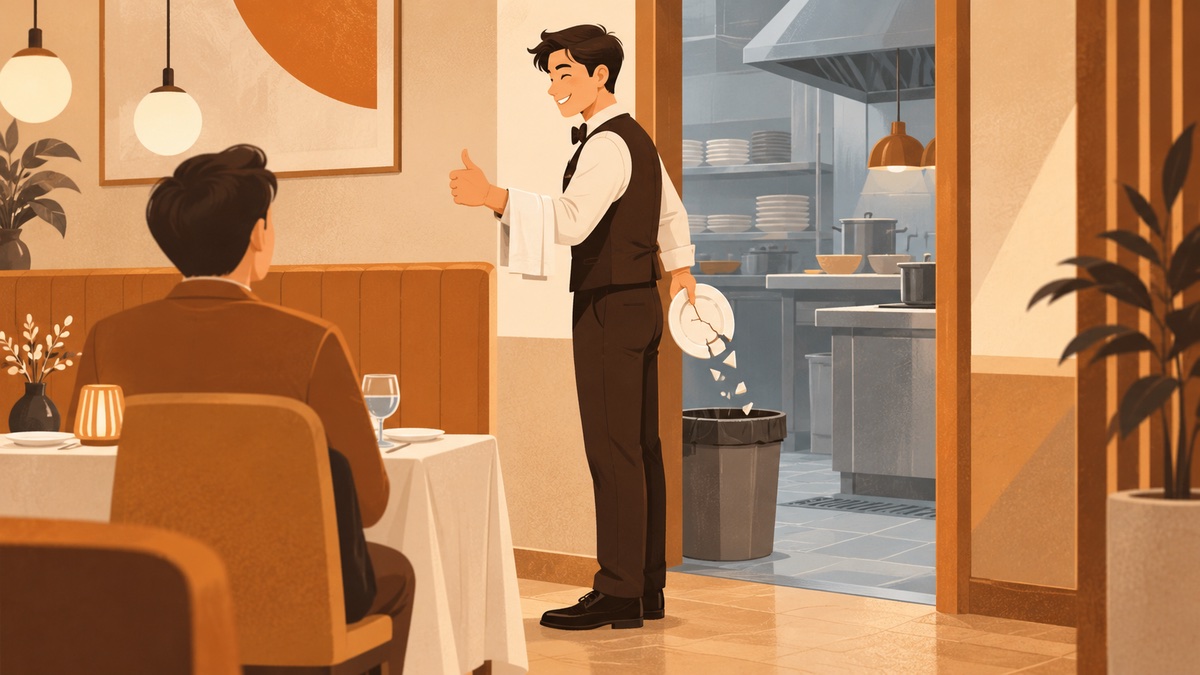 自動化靜默失敗示意插畫:服務生把破盤子藏在背後並比讚,比喻程式吞掉例外後仍回報成功