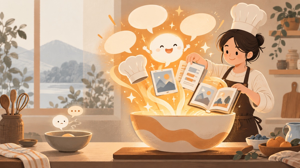 Claude 提問技巧示意插畫：像下廚一樣給 AI 角色、範例、步驟與背景，讓 Claude 的回答品質大幅提升