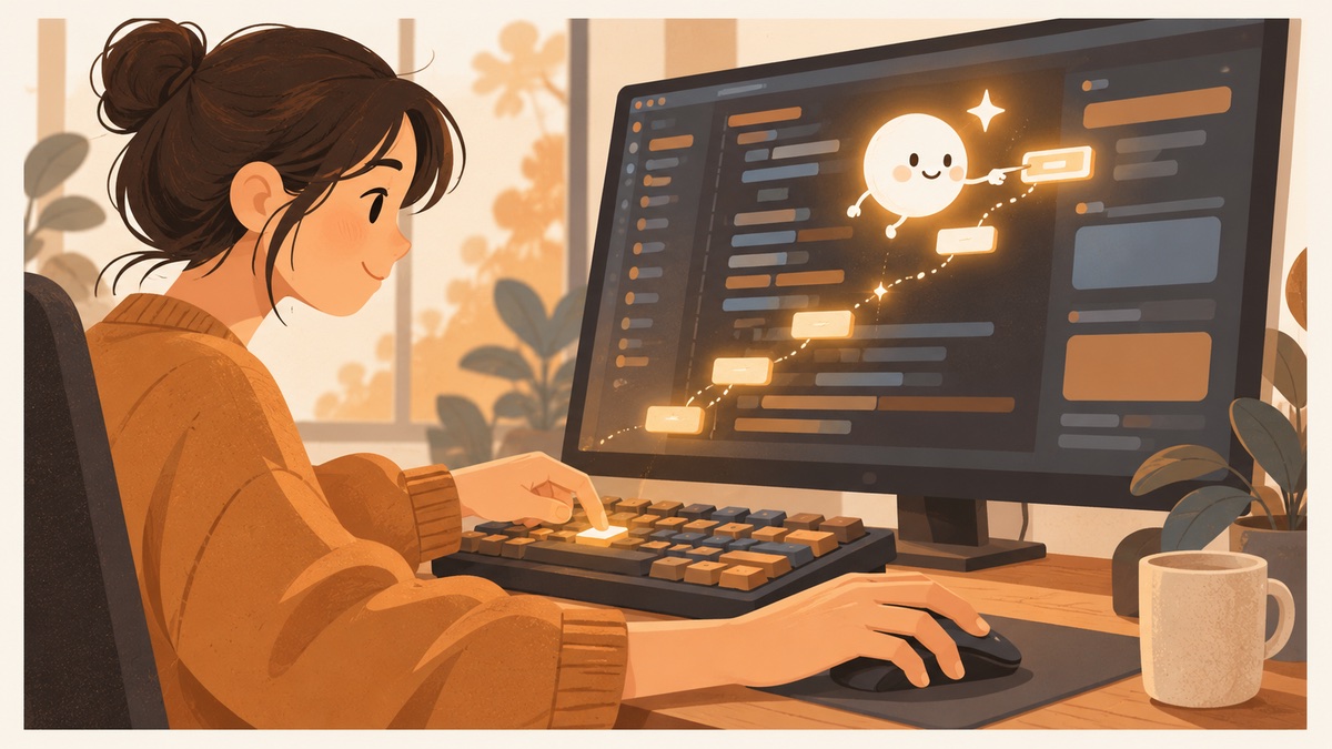 Cursor 的 Tab 補全示意插畫：開發者在 AI 編輯器裡打字，星形火花預測下一個要改的程式碼位置