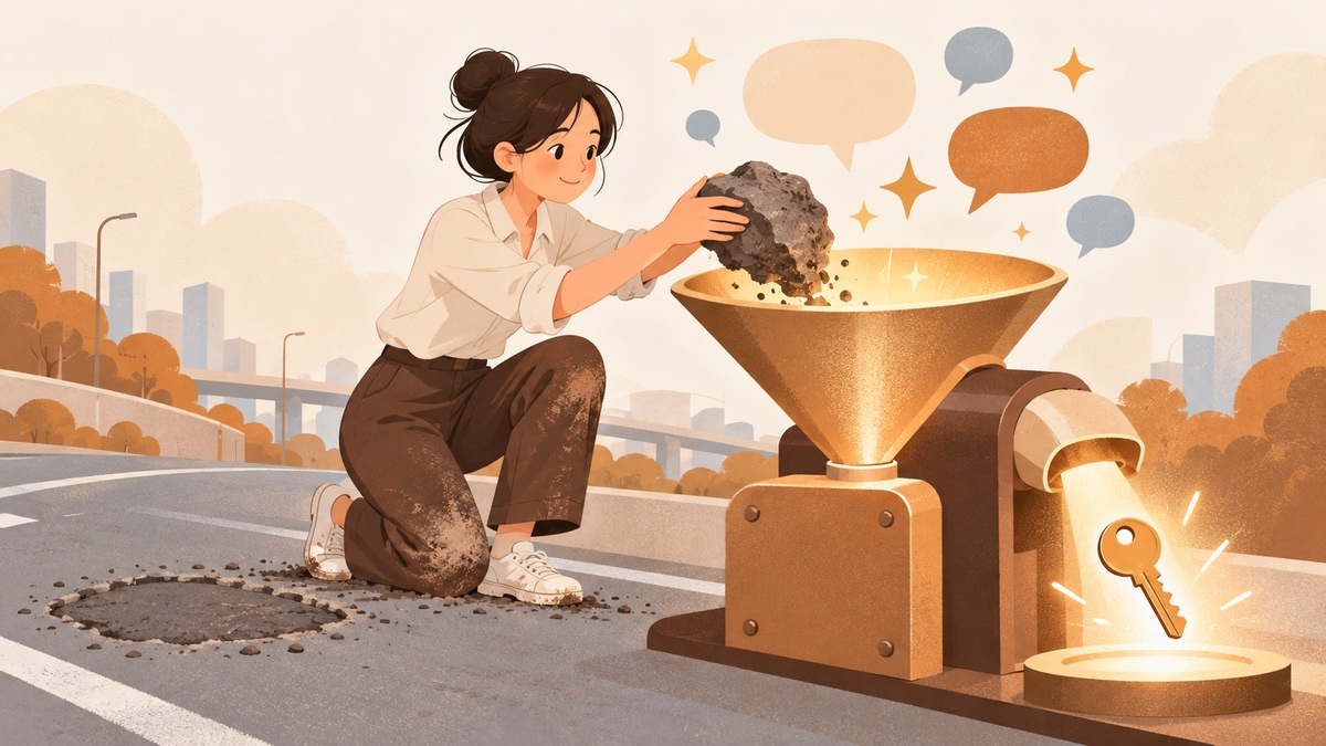 把踩過的坑改寫成自訂指令規則的插畫,象徵用 Prompt 讓 AI 將態度句翻成動作句