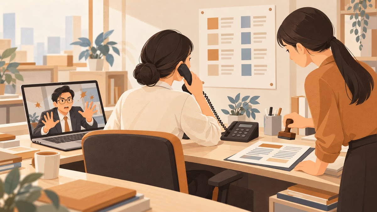企業防範深偽詐騙插畫:財務人員依照 SOP 回撥驗證,付款需要兩人獨立核對