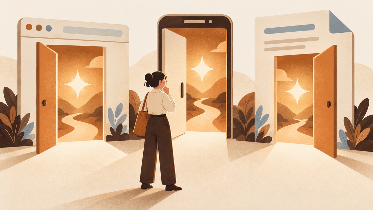 Gemini 的網頁版、手機 App、Workspace 三種入口示意插畫