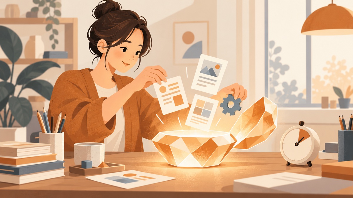 使用者把指示與參考資料組裝成自訂 AI 助手 Gem 的插畫