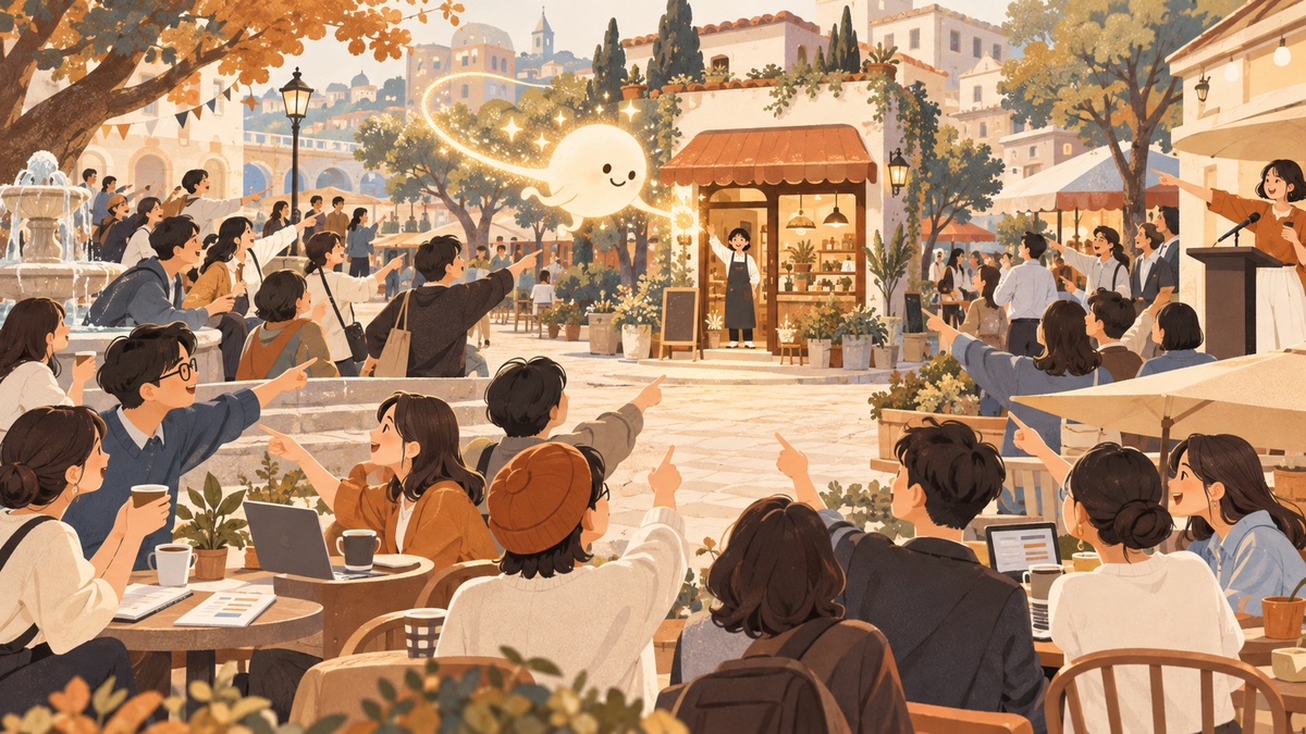 GEO 引用源比喻插畫：網路各處的討論與提及匯聚指向同一網站，讓 ChatGPT 與 Perplexity 主動引用
