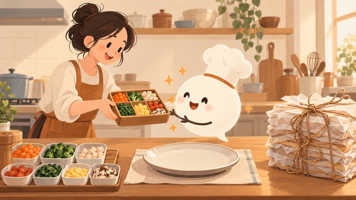 AI 搜尋優化插畫:用切好分格的食材比喻開頭直接給答案、結構完整的內容,說明哪種文章更容易被 AI 引用