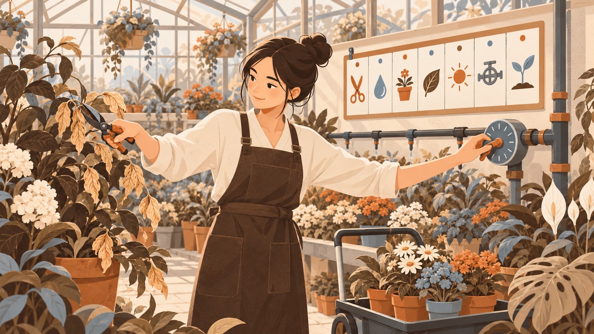 Google 廣告代操每週實際優化動作示意插畫，園丁按週曆修剪澆水，比喻否定關鍵字、出價與文案調整的頻率