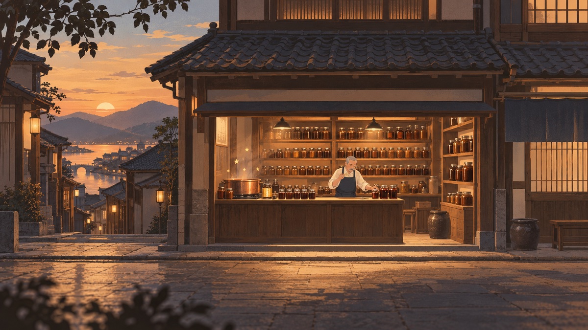 小店老闆試味把關 AI 量產的醬料罐，比喻 AI 起草文案、人負責品牌味與事實查核的分工