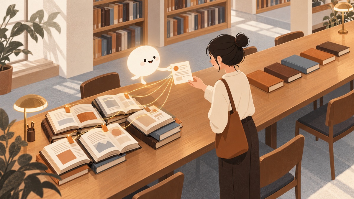 Perplexity AI 搜尋示意插畫：AI 先讀完網頁、整理成答案，再附上來源引用，和傳統搜尋只給連結不同