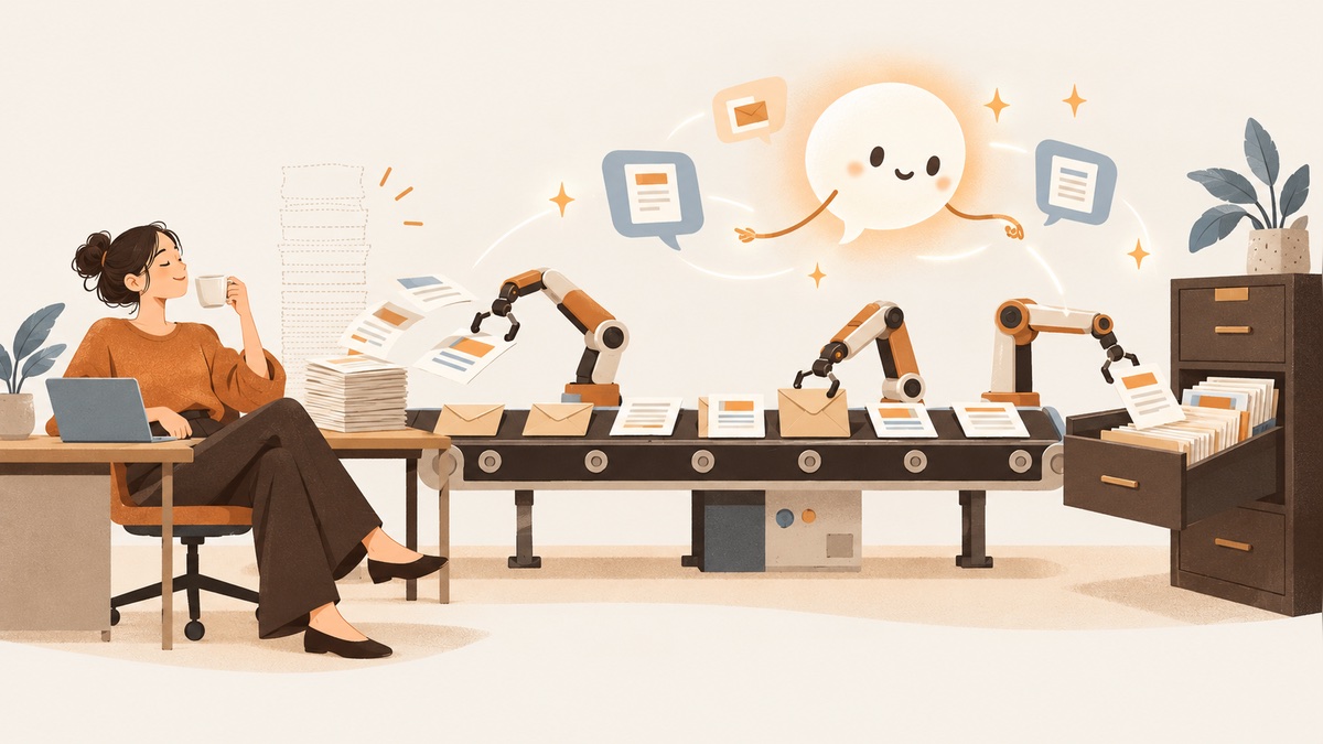 一人公司用 AI 自動化工具處理重複工作:創業者喝咖啡時,輸送帶與機械手臂自動整理訂單和表單資料的插畫
