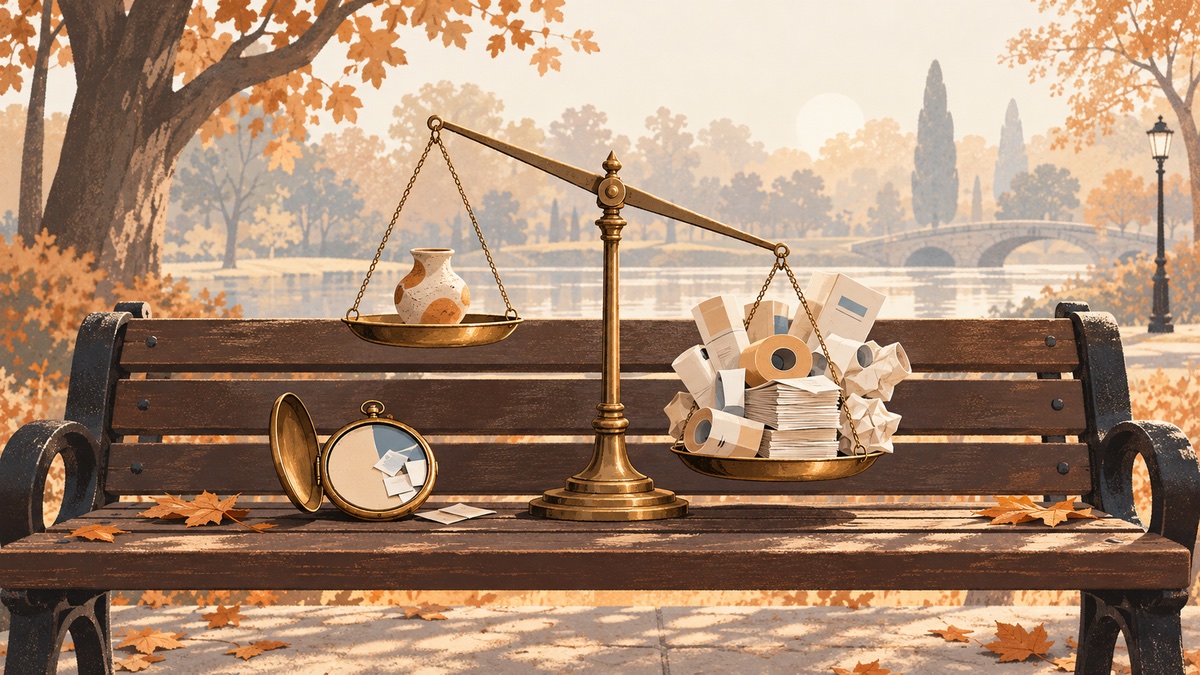 一人公司老闆時間被雜務吃掉的比喻插畫：天平一端是手作樣品，另一端堆滿出貨單與收據