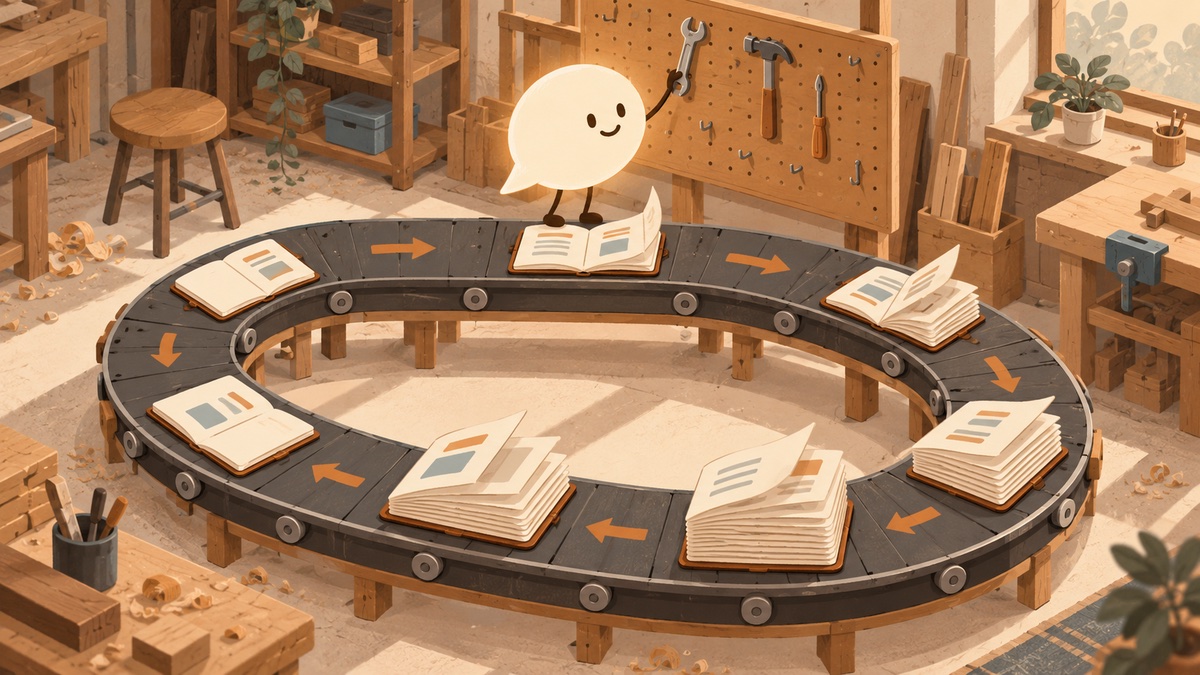 AI Agent 運作原理插畫：從工具清單挑選動作、用筆記記住每一步，在迴圈中反覆規劃與修正